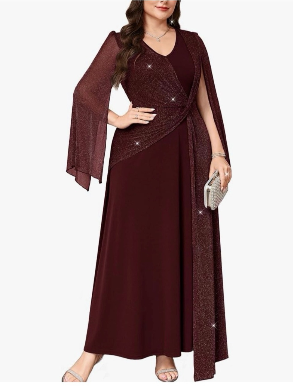 Tiaraly Elegant Burgundy Evening Gown with Sparkle Cape NEW L-4XL PLUS